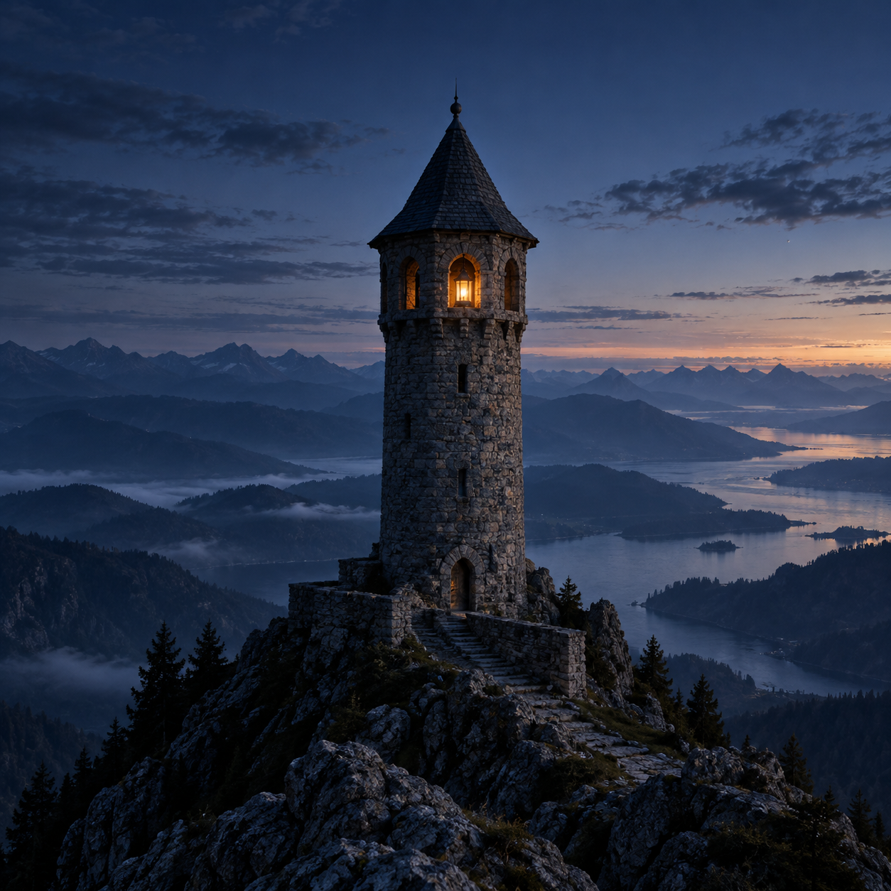 A watchtower above a distant horizon, visual identifier for Türmer / Tuermer